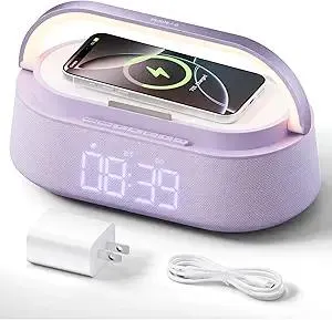 FREEFISH Bluetooth Speaker with Wireless Charger, FM Radio, Dimmer Night Light, Phone Holder, Wireless Charging Speakers for iPhone Samsung, Bedrooms Home Office Gifts