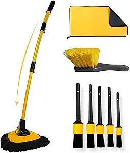 Car Wash Kit, Extendable Car Wash Brush Mop with Long Handle, 5pcs Detailing Brush, 1pc Wheel Brush and Microfiber Towel Car Cleaning Kit Supplies Accessories, Ginger