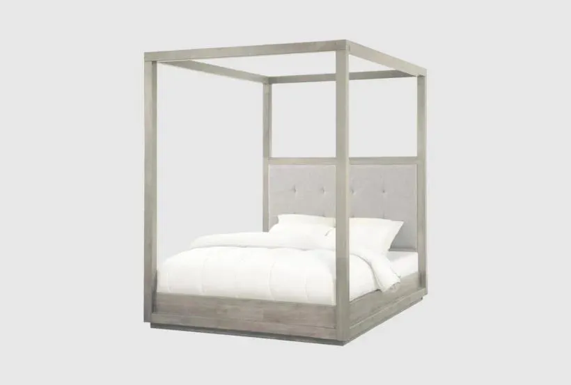 Huxley Mineral Queen Wood & Button Tufted Upholstered Canopy Bed