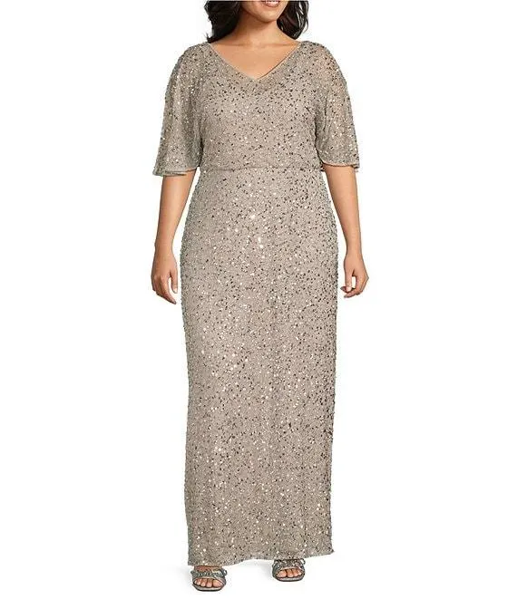 Plus Size Short Caplet Sleeve V-Neck Long Beaded Dress