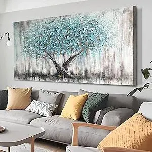Arjun Tree Wall Art Teal Blue Nature Tree of Life Abstract Canvas Painting Textured Picture, Modern Large Panoramic Landscape Artwork Framed for Living Room Bedroom Bathroom Office Home Decor 48"x24"