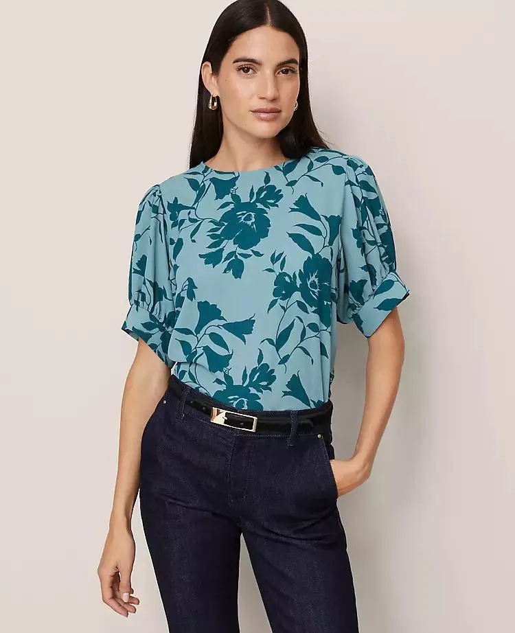 Floral Mixed Media Gathered Sleeve Top