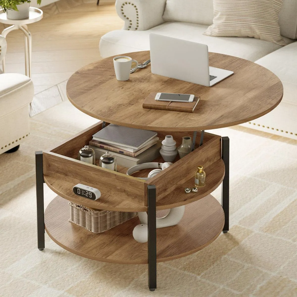 Wynny 27"W Round Lift-Top Wood Coffee Table with Storage