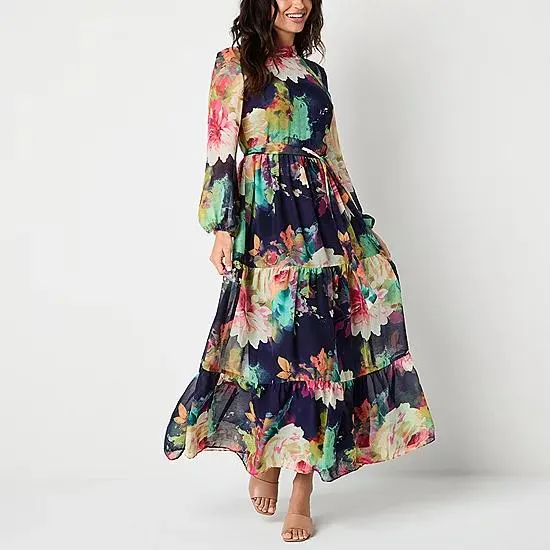 new! Melonie T Womens Long Sleeve Floral Maxi Dress Petite