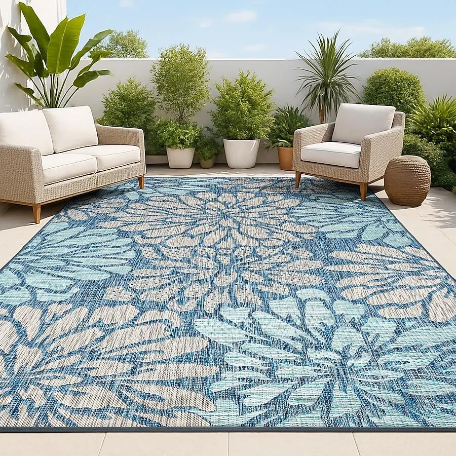 JONATHAN Y SANTA MONICA Zinnia Modern Floral Textured Weave 8 x 10 (ft) Loomed Navy/Aqua Rectangular Indoor/Outdoor Floral/Botanical Bohemian/Eclectic Pet Friendly Area rug