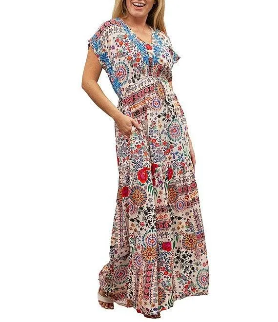 Gypsy Bohemian Print Cinched Waist V-Neck Short Sleeve Maxi Dress