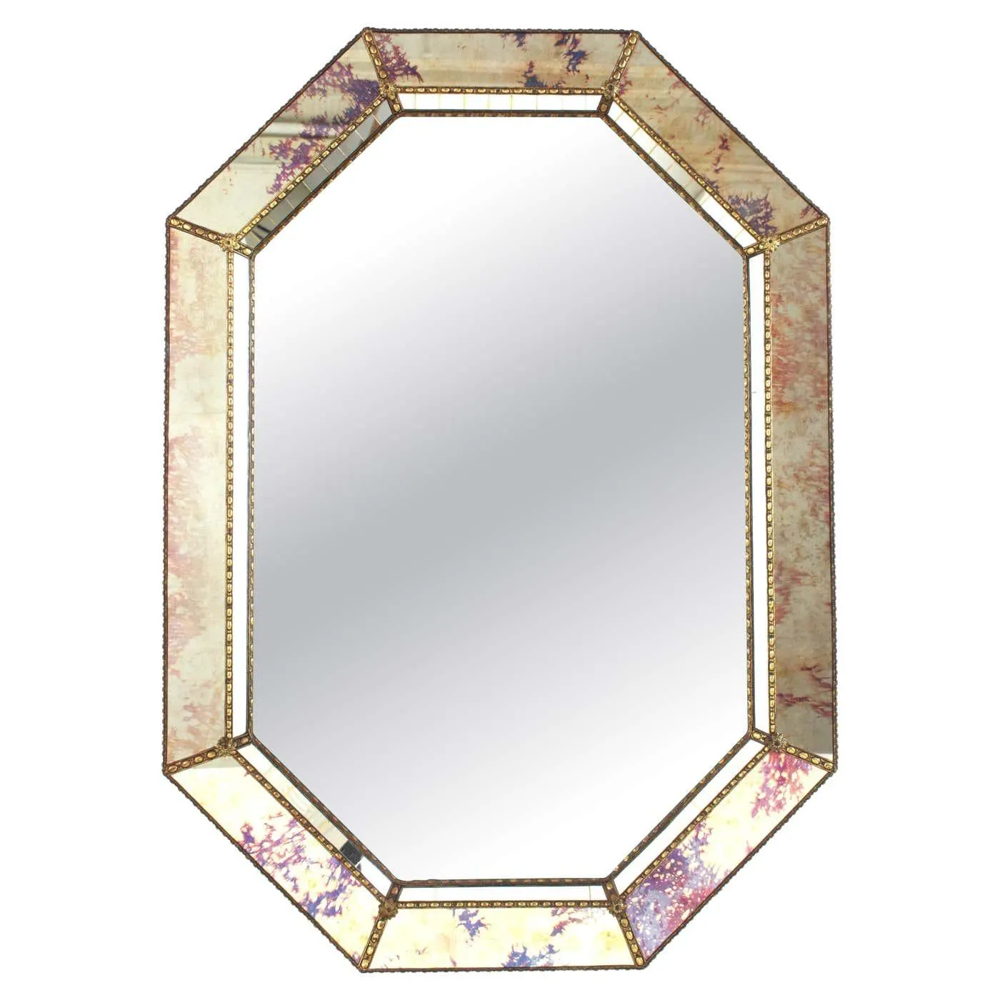 Octagonal Venetian Modern Mirror with Pink Purple Glass and Brass Details