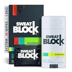 SweatBlock Maximum Clinical Strength Antiperspirant and Deodorant System for Men and Women Hyperhidrosis Aid for Excessive Sweating and Odor 10 DRIBOOST Wipes Plus Unisex Deodorant Stick 2.7 oz