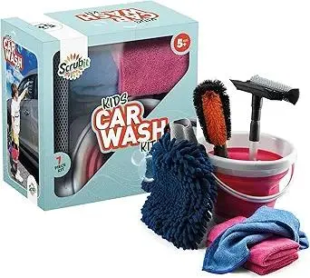 Kids Car Wash Activity Kit – 7 Kid-Sized Carwash Accessories Gifts for Boys & Girls Ages 5 6 7 8-10 - Outdoor Fun Toys – Set Includes Bucket, Squeegee, Microfiber Mitt, Wheel Brush, 3 Cleaning Cloths