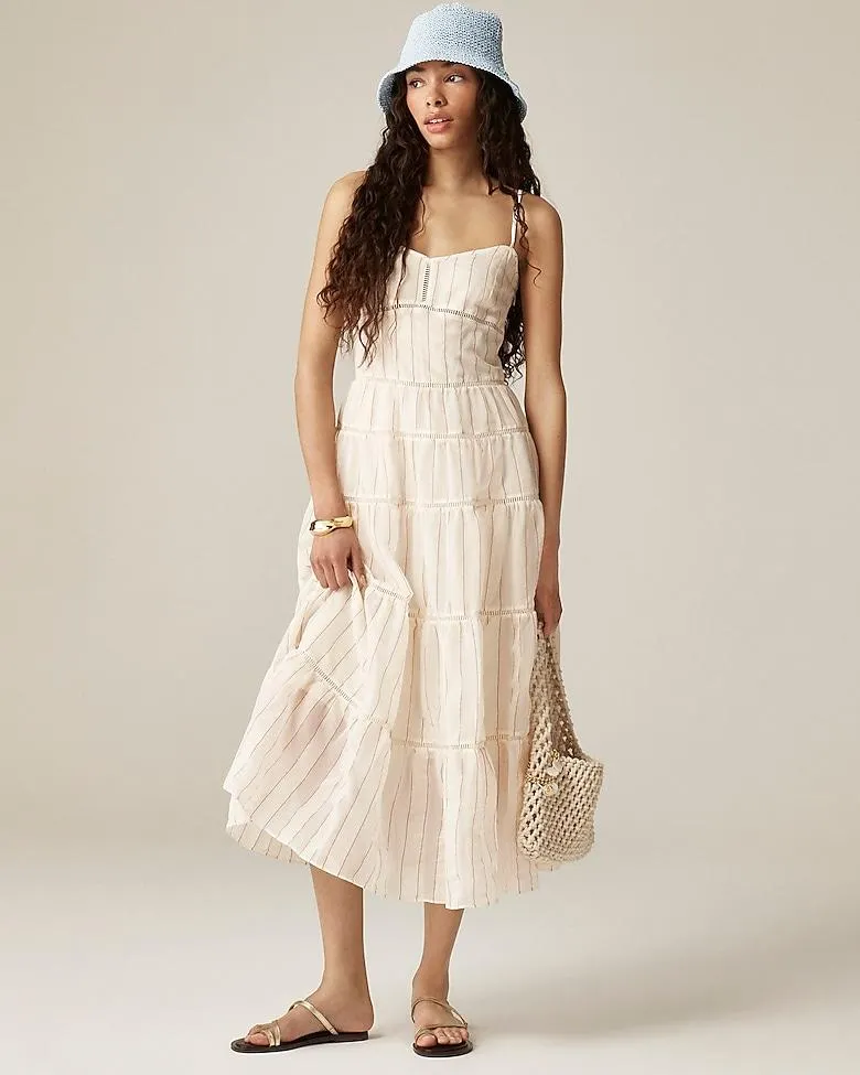 Tiered slip dress in dobby satin