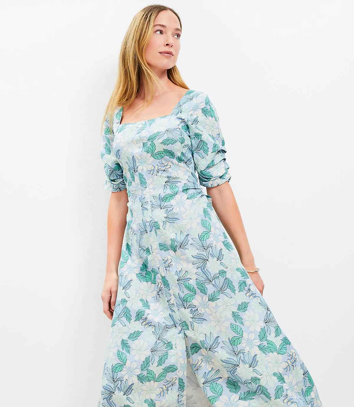 Gardenia Shirred Linen Blend Button Midi Dress