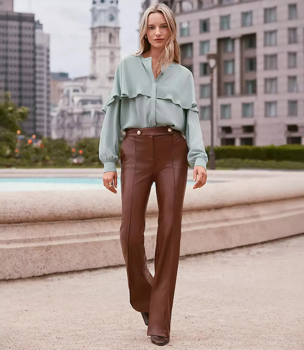 Pintucked Flare Pants in Faux Leather