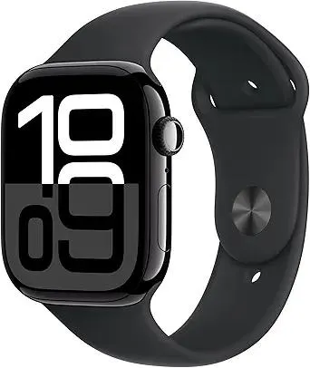 Apple Watch Series 10 [GPS 46mm case] Smartwatch with Jet Black Aluminum Case with Black Sport Band - M/L. Fitness Tracker, ECG App, Always-On Retina Display, Water Resistant