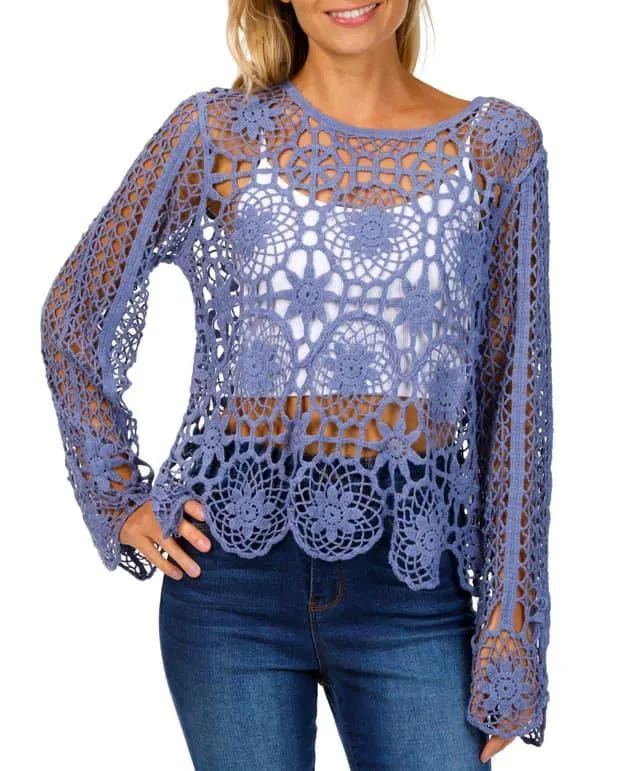 Rebellion Juniors Long Sleeve Knit Crochet Top