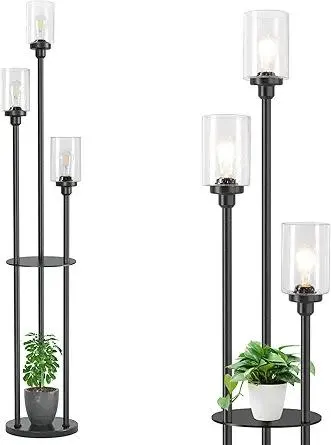 addlon Floor Lamps for Living Room with Seeded Glass Shades, 3-Lights Standing lamp with Shelves, Farmhouse Tall Floor Lamp Modern lamp for Bedroom, Office - Black