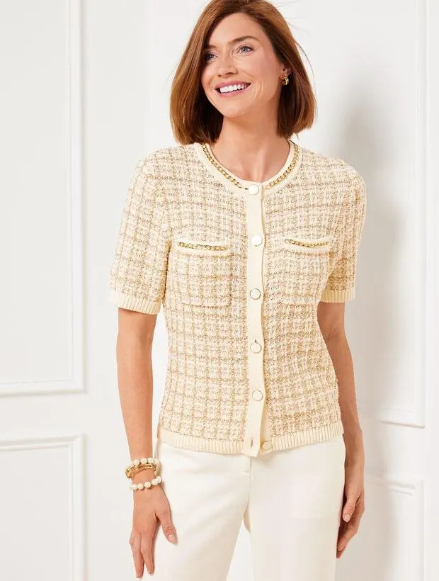 Short Sleeve Cardigan - Metallic Jacquard