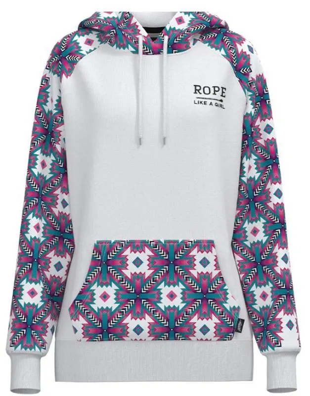 Hooey Youth Girls White with Pink & Turquoise Aztec Print "Rope Like A Girl" Pullover Hoodie