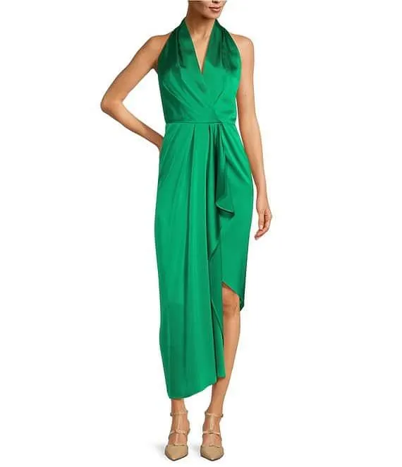 Hazel Surplice V-Neck Sleeveless Satin Asymmetrical Hem Midi Dress