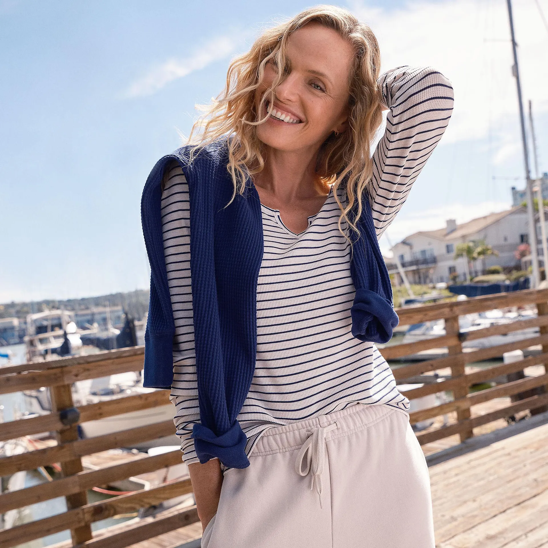 Women's Lightweight Waffle Skimming Long Sleeve Notch Neck T-Shirt