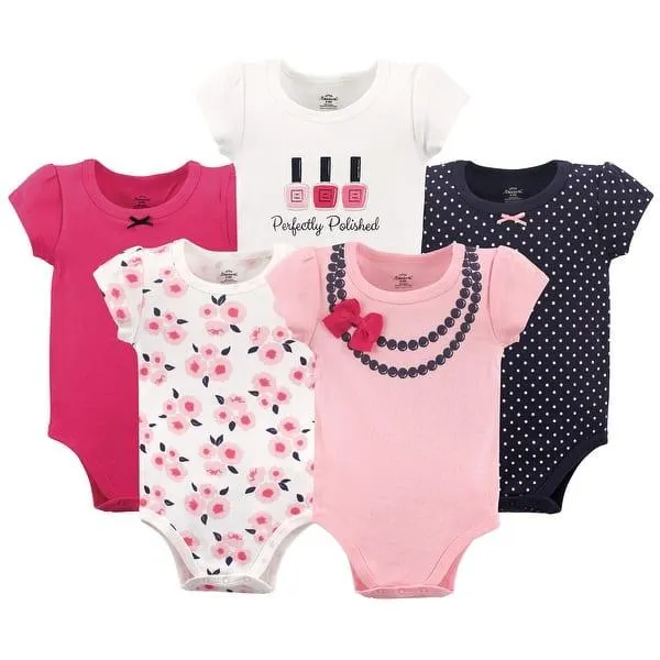 Little Treasure Baby Girl Cotton Bodysuits 5pk, Bow Necklace