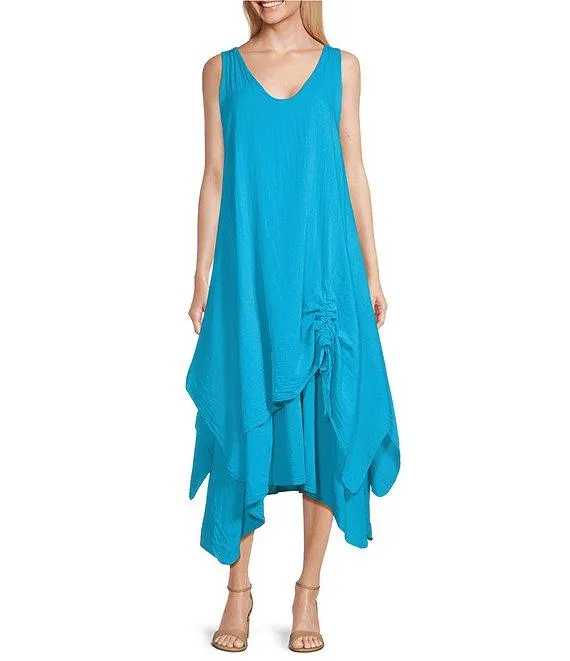 Cotton Gauze V-Neck Sleeveless Layered Ruched Drawstring Midi A-Line Dress