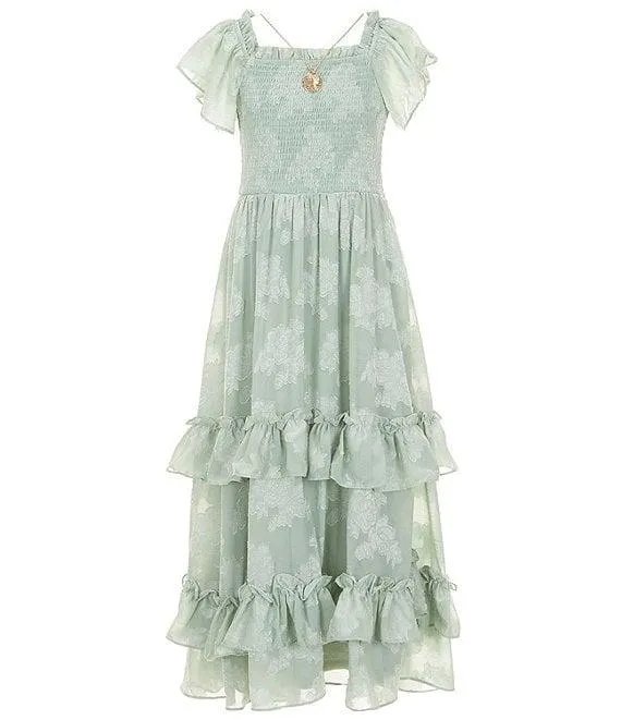 Big Girls Short Sleeve Burnout Chiffon Long Dress