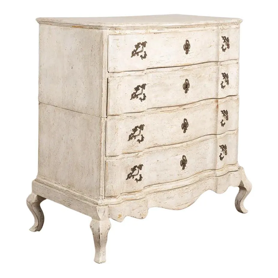 ​​​​​​​Antique Large White Painted Baroque Chest of 4 Drawers, Denmark Circa 1790-1810
