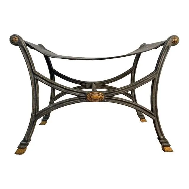 Vintage Wrought Iron X-Frame Ottoman Bench With Leather Seat and Gold Accents