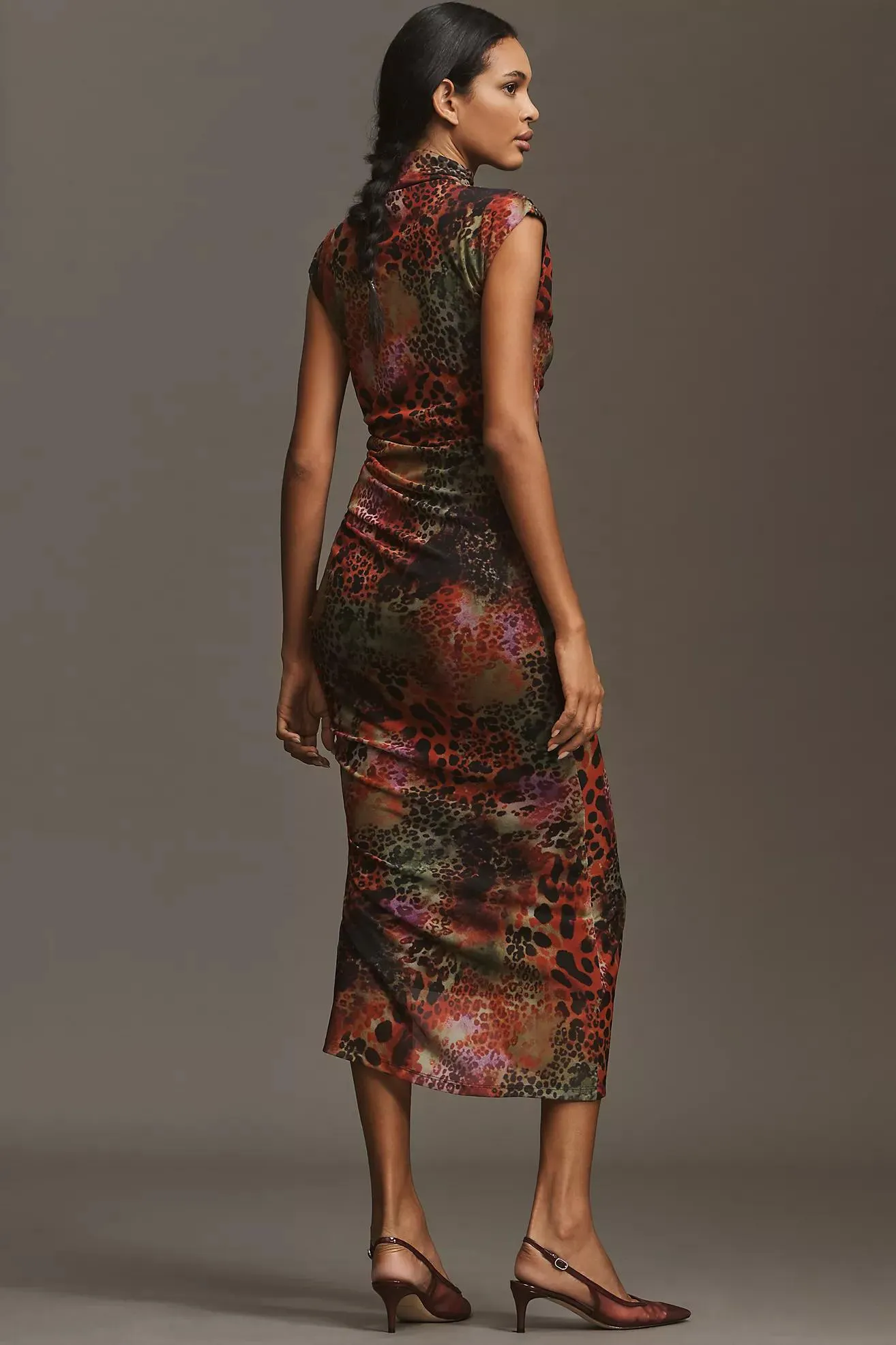 The Maya Ruched Cowl-Neck Mesh Dress