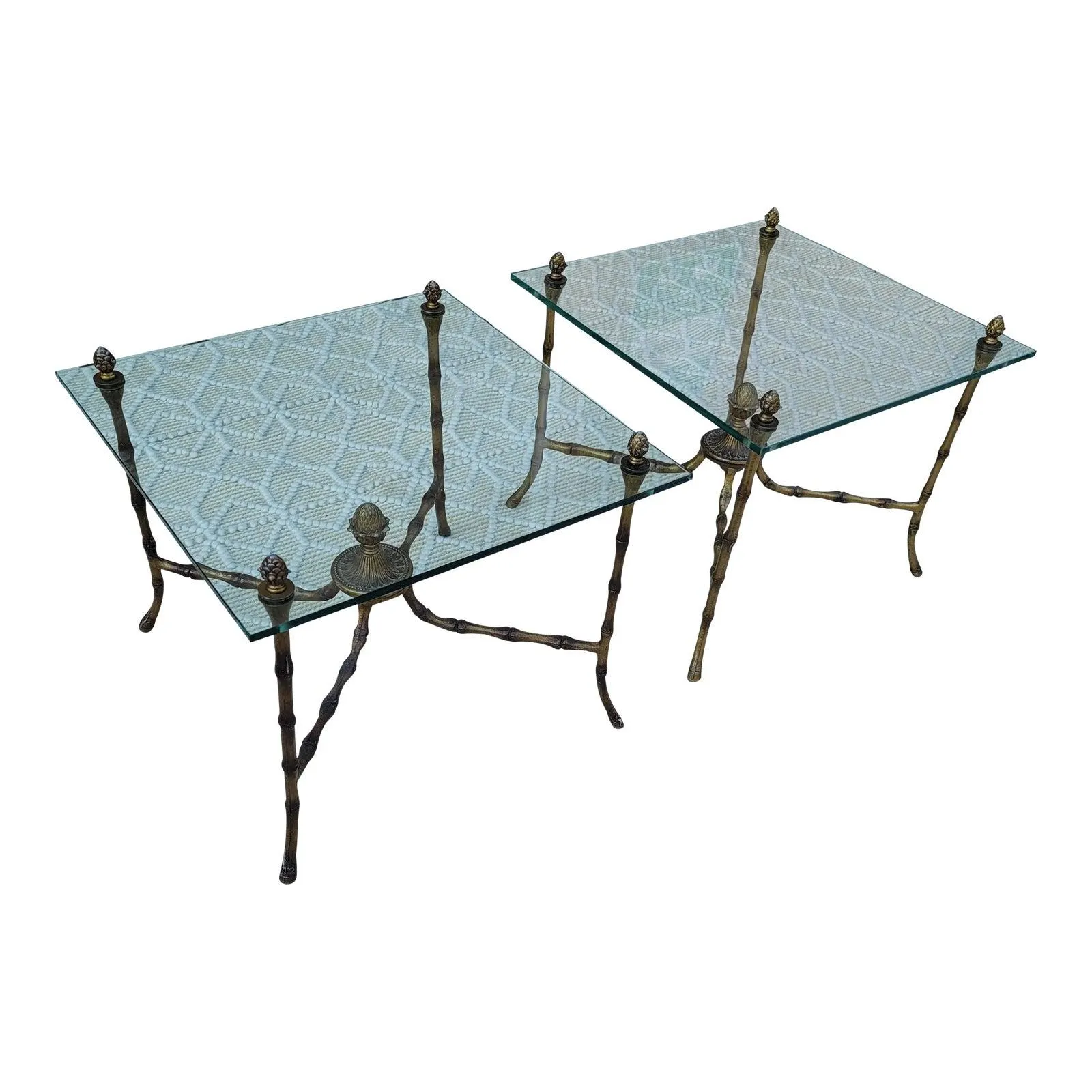 Mid 20th Century Hollywood Regency Maison Bagues Style Faux Bamboo Bronze and Glass End Tables - a Pair