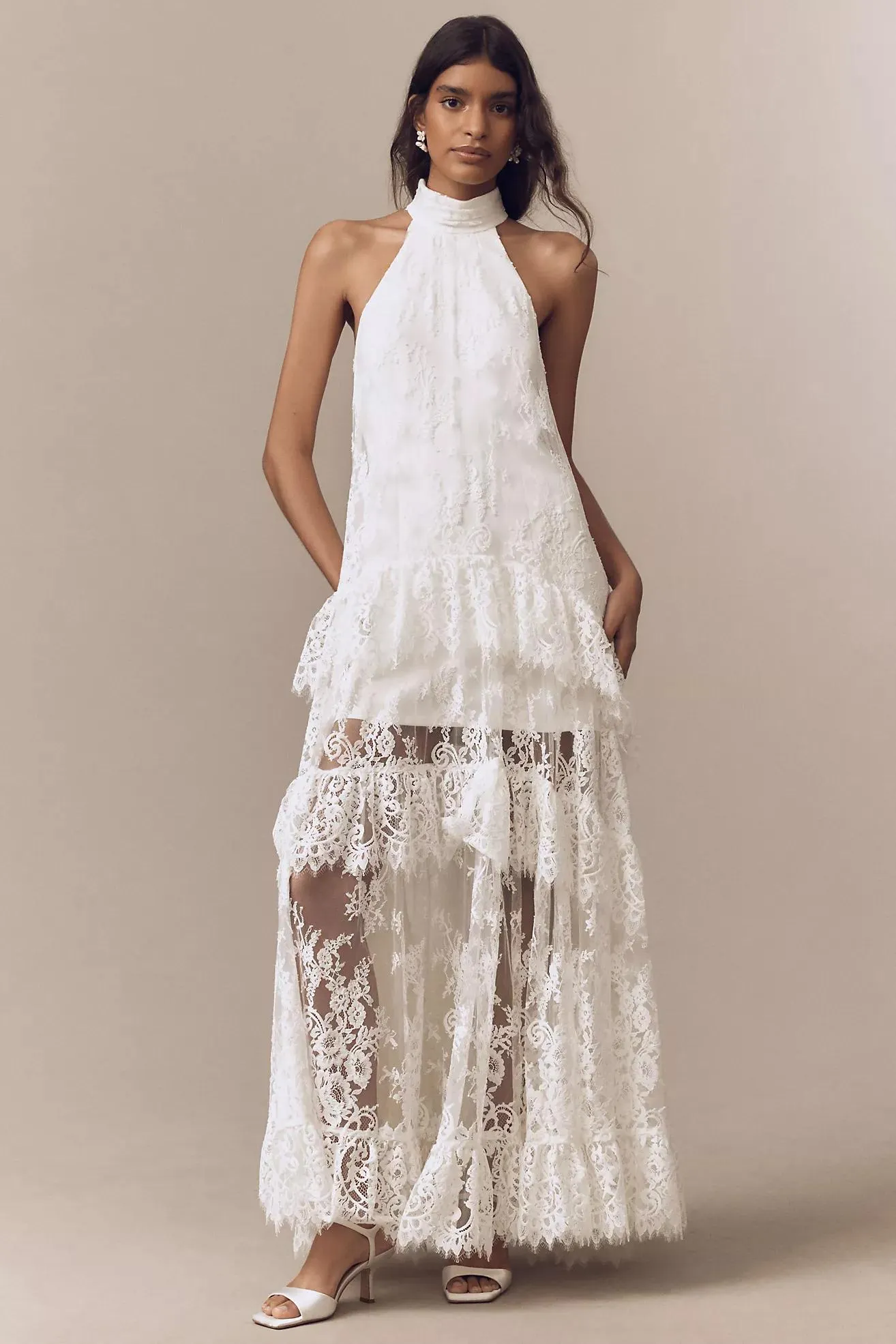 BHLDN Lace Halter Ruffle Peekaboo Maxi Dress