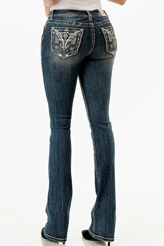 Grace in LA Ladies Steer Head Embellished Dark Wash Denim Bootcut Jeans