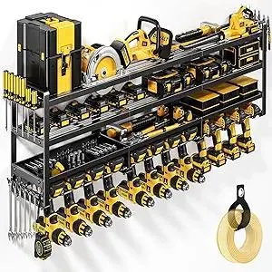 49" W Large Power Tool Organizer Wall Mount Loads 600 lbs, Heavy Duty 4-Tier 12 Drills Holder, Cordless Tool Storage Battery Shelf, Utility Racks for Garage Workshop Shed, Gifts for Men Husband