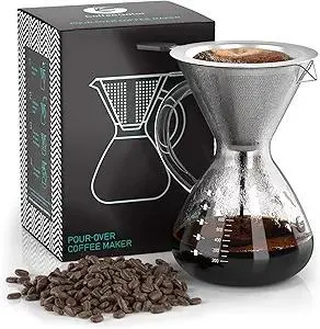 Coffee Gator Pour Over Coffee Maker - 27oz High Heat Borosilicate Glass with Reusable Stainless Steel Filter, Drip Coffee Brewer Dripper Set Carafe, 800ml Clear