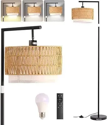 Boho Rattan Floor Lamp, Adjustable Height Bohemian Floor Lamps, Dimmable Standing Lamp with Remote Control, Rustic Lighting for Living Room, Bedroom, or Office (Brown, Round)