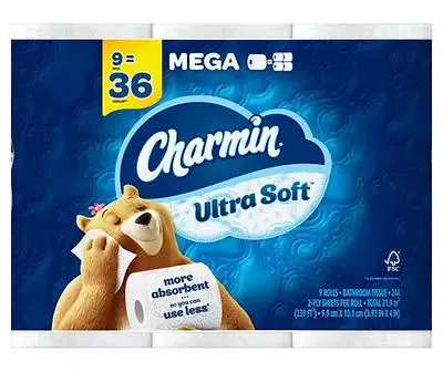 Charmin Ultra Soft Toilet Paper 9 Mega Rolls, 244 Sheets Per Roll