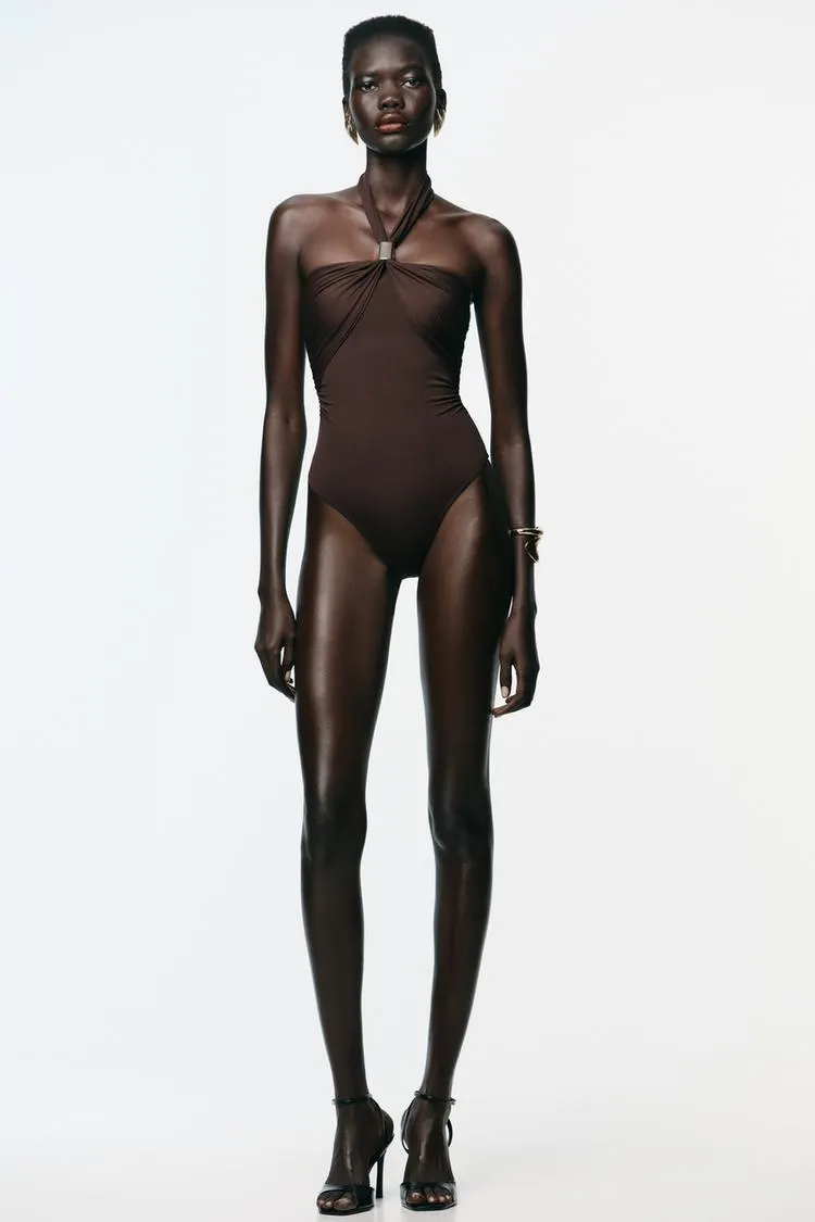 HALTER POLYAMIDE BODYSUIT WITH METAL DETAIL