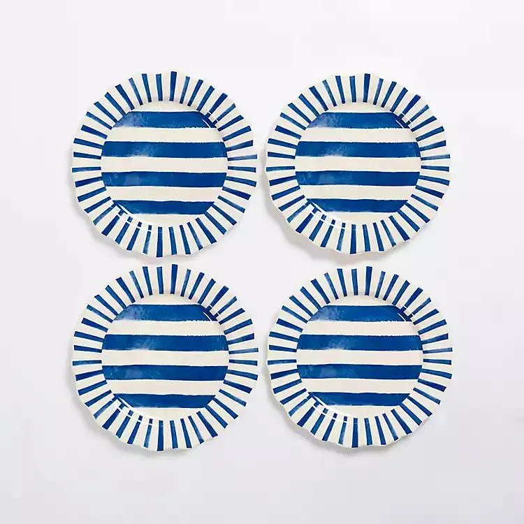 Blue Stripe Scalloped Salad Plates, Set of 4