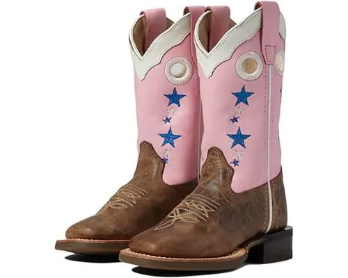 Old West Girls Pretty Pink and Brown With Stars Square Toe Boots