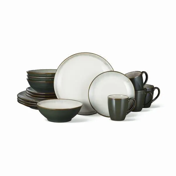Sango Novelle 16-Piece Stoneware Dinnerware Set with Round Plates, Bowls, and Mugs, Moss Green
