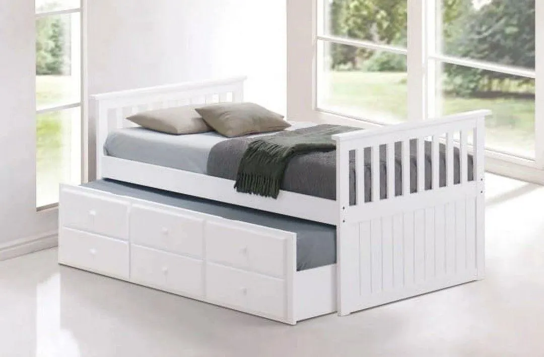 Clemens Twin Captains Bed with Trundle and Storage Drawer - White
