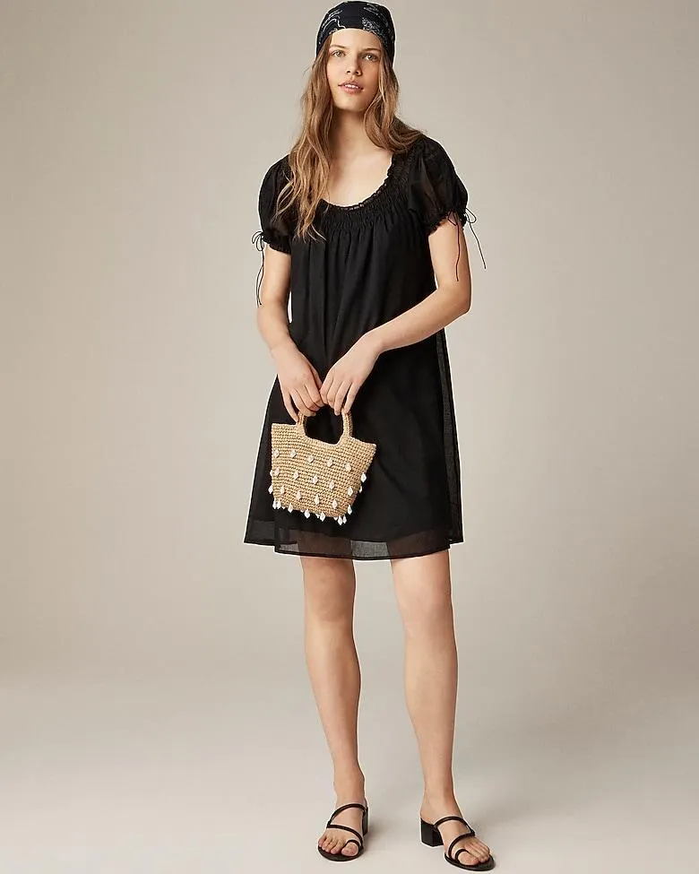 Smocked puff-sleeve mini dress in cotton voile