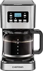 Chefman 12-Cup Programmable Coffee Maker, Electric Brewer, Auto Shut Off, Digital Display w/Auto-Brew Function, Anti-Drip Pot, Reusable Filter for Fresh Grounds, Square Stainless Steel, Glass Carafe