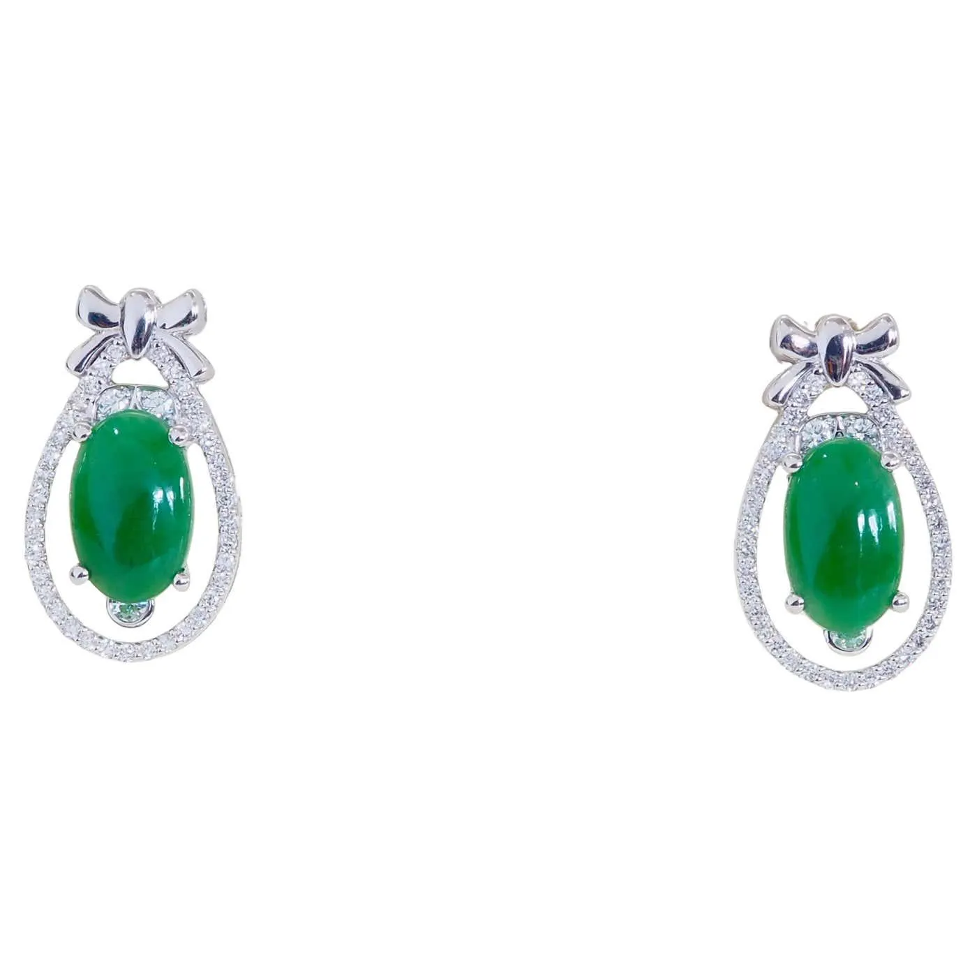 Certified 18K White Gold 3ct Type- A Myanmar Jadeite & 0.50ct Diamond Earrings