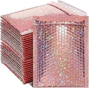 30 Pieces Holographic Bubble Mailers Padded Mailer Holographic Bubble Mailers Padded Envelopes Self Sealing Cushion Envelopes for Mailing, Shipping and Packing(Rose Gold, 11 x 7 Inch)