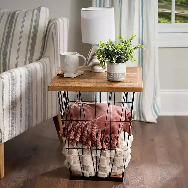 Mango Wood Storage Basket Side Table