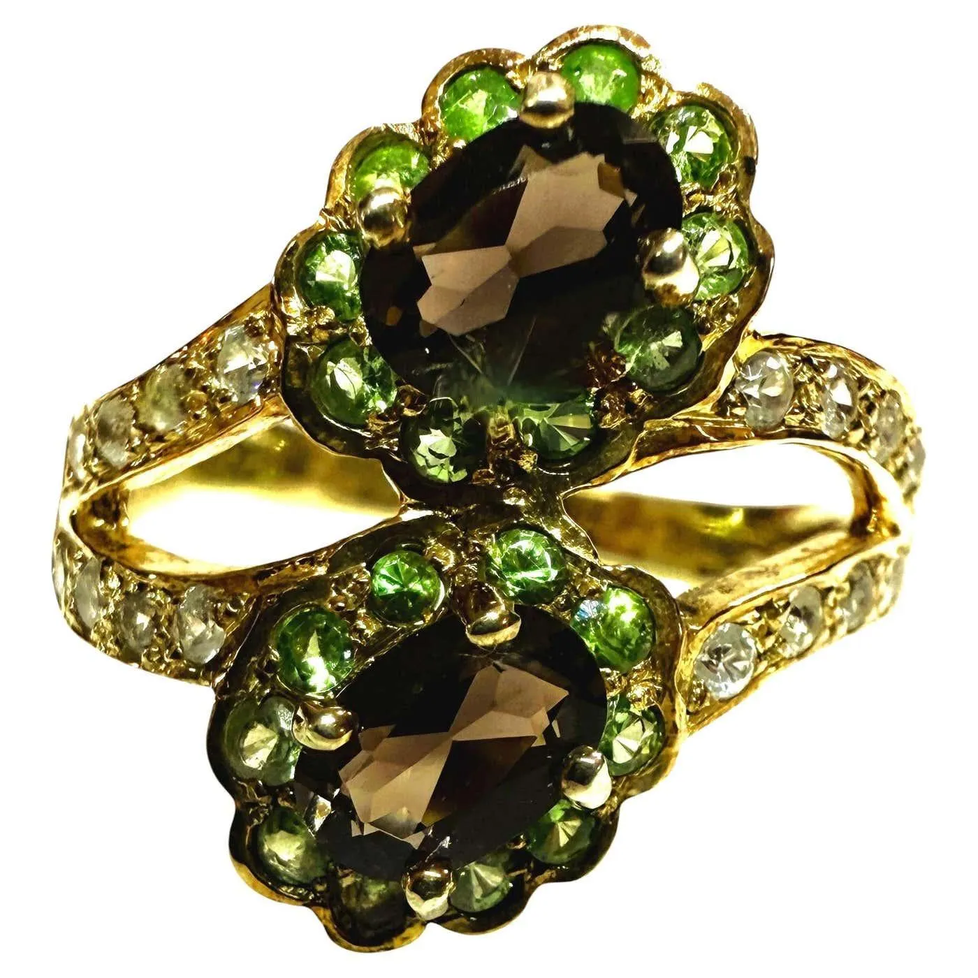 New .86 Carat Smokey Quartz & Diamond Cut Tsavorite Y Gold P Sterling Ring