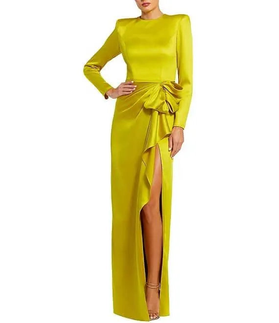 Long Sleeve Crew Neck Ruched Waist Draped Bow Thigh High Slit Satin A-Line Gown