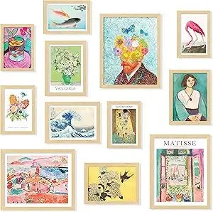 97 Decor Eclectic FRAMED Wall Art Set - Colorful Eclectic Decor, Retro Colorful Wall Art Prints, Trendy Maximalist Decoration Aesthetic Pictures Gallery Wall Prints, Famous Artist Posters For Bedroom (BEIGE FRAME)