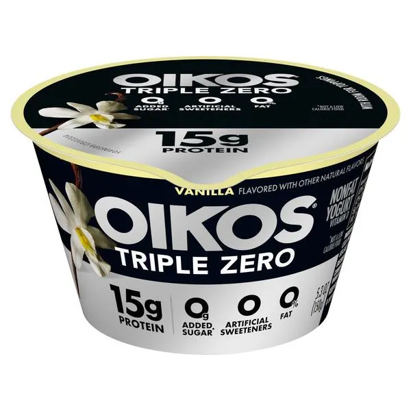 Oikos Triple Zero Vanilla Nonfat Greek Yogurt, 0% Fat, 0g Added Sugar and 0 Artificial Sweeteners, Just Delicious High Protein Yogurt, 5.3 OZ Cup